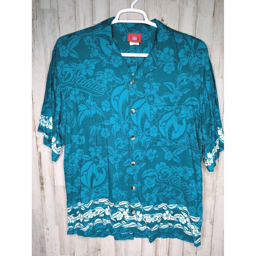 VTG Miami Dolphins Hawaiian Camp Shirt AOP Single‎ Stitch Mens Size Large NFL